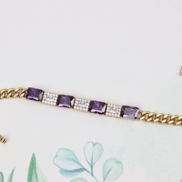"Rose Gold Bracelet with Purple and CZ Rectangle Stones, XPBL0821 - Picture 3 of 12